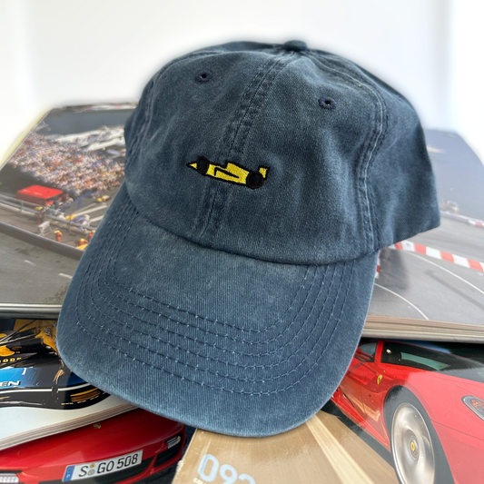 Yellow racecar on washed blue hat